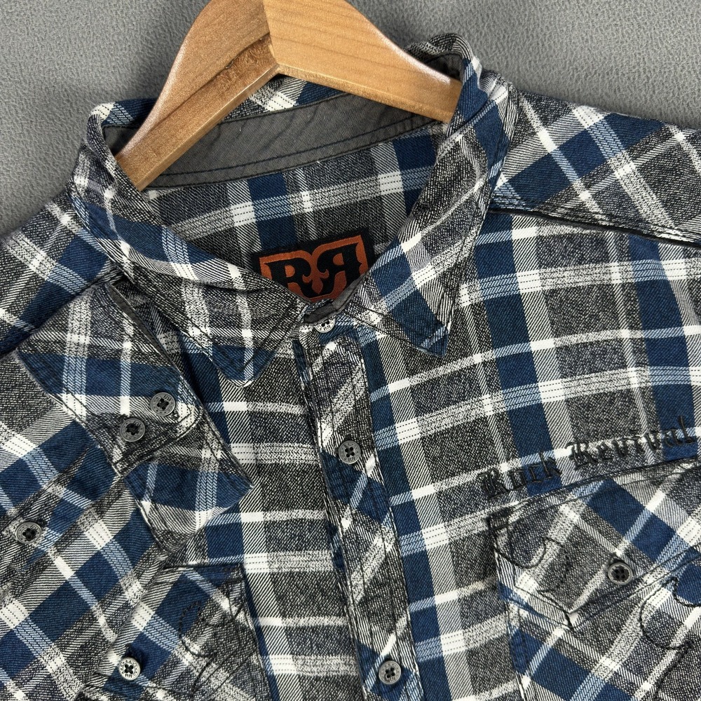 Rock Revival Shirt Mens 2XL Grey Blue Flannel Embroidered Western Y2K